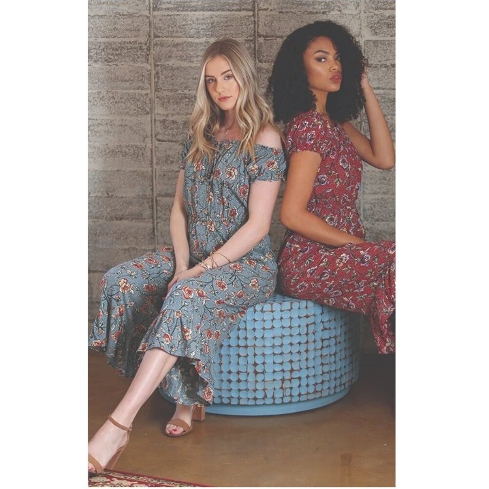 ANGIE Teal Pink hyper Floral Wide leg Ruffle Collar JUMPSUIT Romper *SMALL*